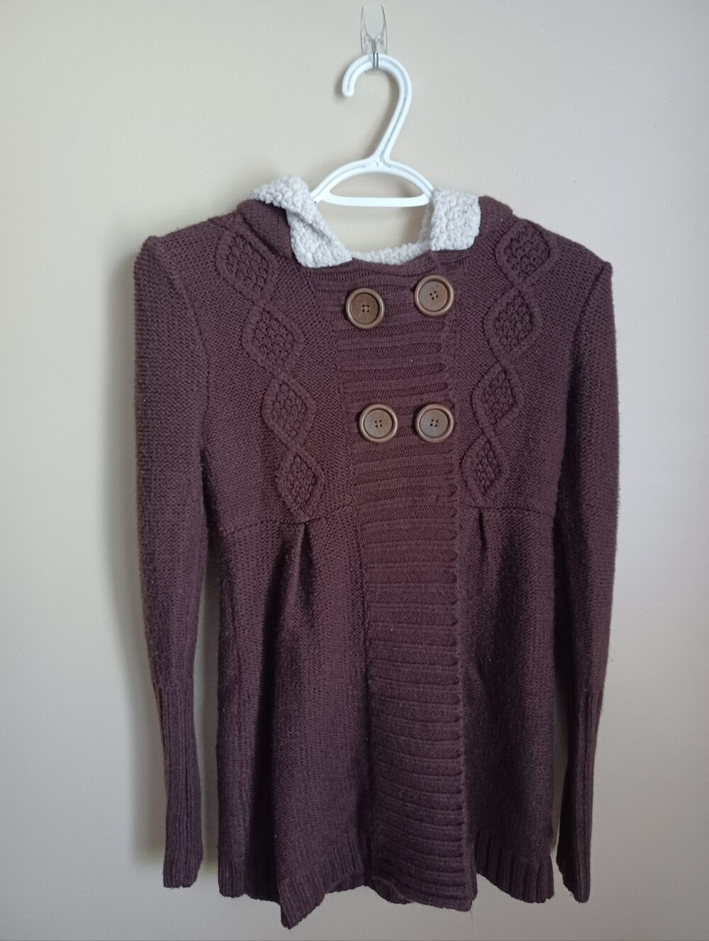 Women's Size M Takeout Acrylic Brown Cream Sweater Long Sleeve Cardigan Hooded